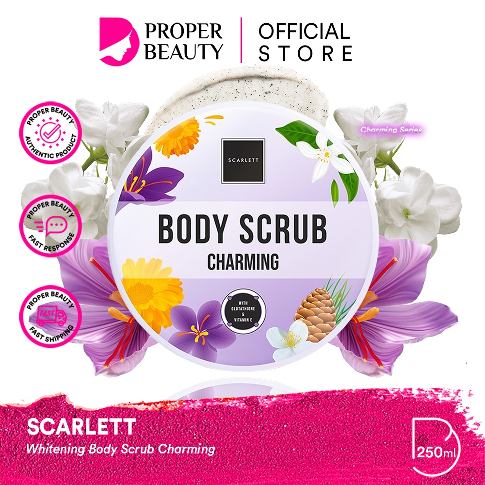 SCARLETT Whitening Brightening Body Scrub Charming Indonesia / 250ml / By Felicya Angelista / With Glutathione &amp; Vitamin E / Body Care / Perawatan Kulit Tubuh / Moisturizer Shower / Sabun Mandi Lulur Eksfoliating Exfoliasi Peeling / Skincare Series Paket