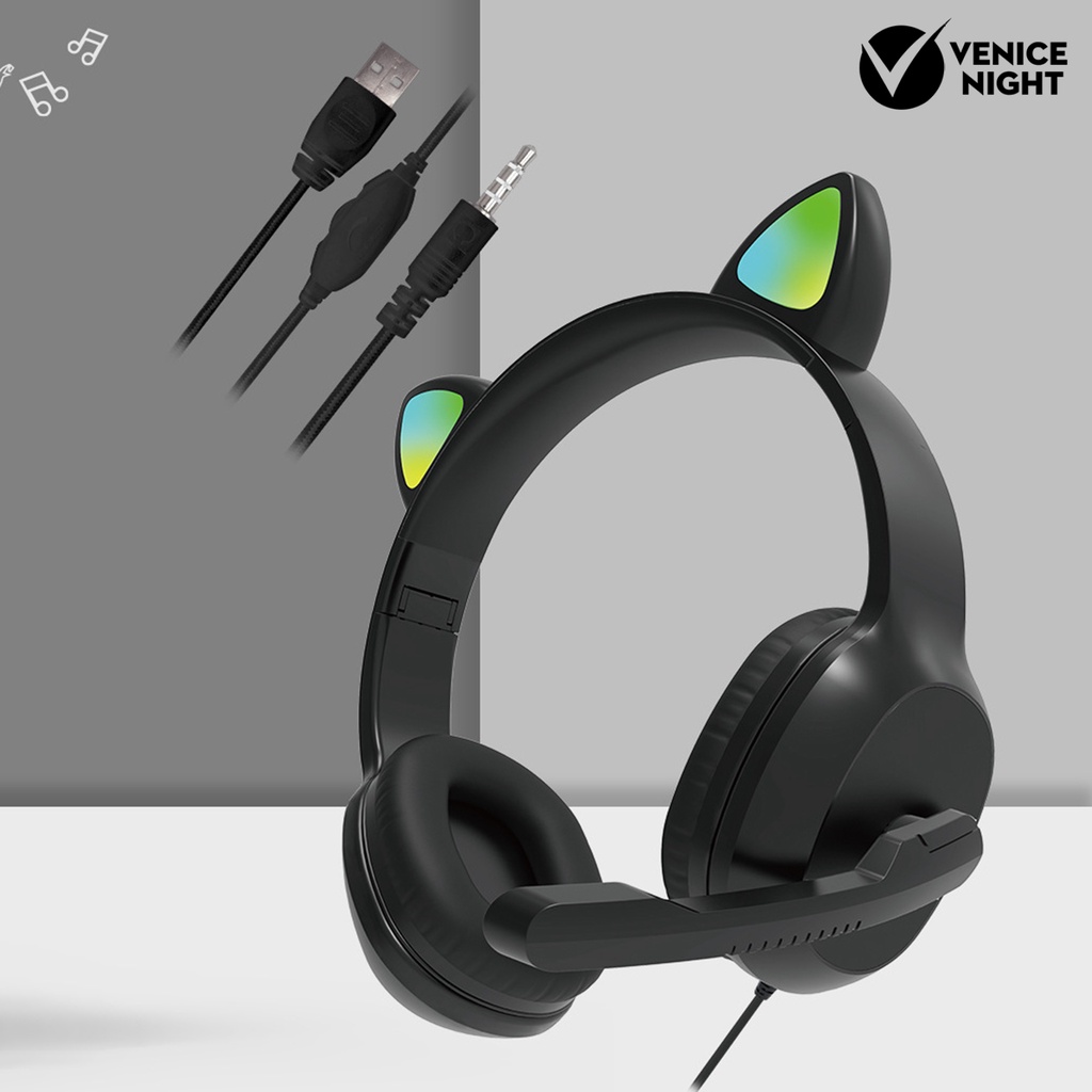 (VNEP) (Berkabel) G19 Headset Pengurang Kebisingan Bentuk Telinga Kucing 7.1 Saluran HiFi Over Ear Headphone dengan Mikrofon untuk Bermain Game