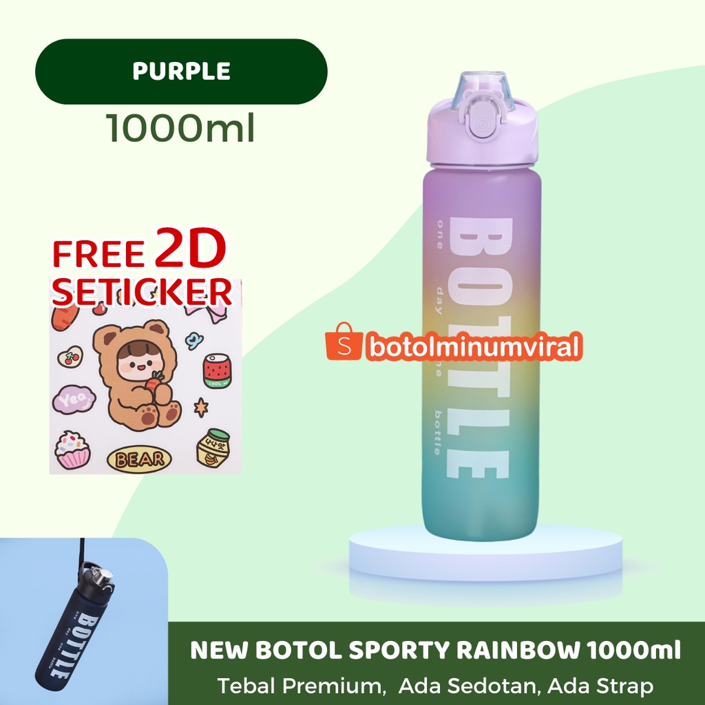 Botol Minum Viral Gradasi Korea 1 Liter Free Stiker BPA FREE Tebal Premium Ada Strap