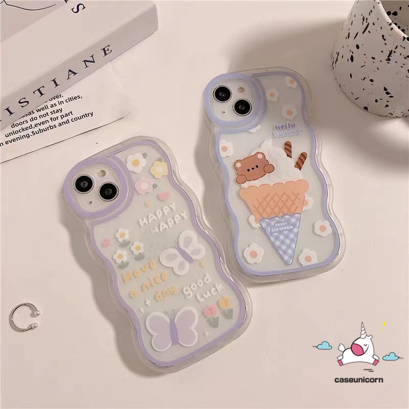 Casing Samsung A14 A04 A12 A04s A03 A50 A13 A04E A50s A52s A22 A32 A03s A23 A53 A21s A20 A51 A52 A33 A02s A30s M22 M12 A31 A11 Cute Butterfly Ice Cream Bear Lembut Bergelombang Penutup Tepi