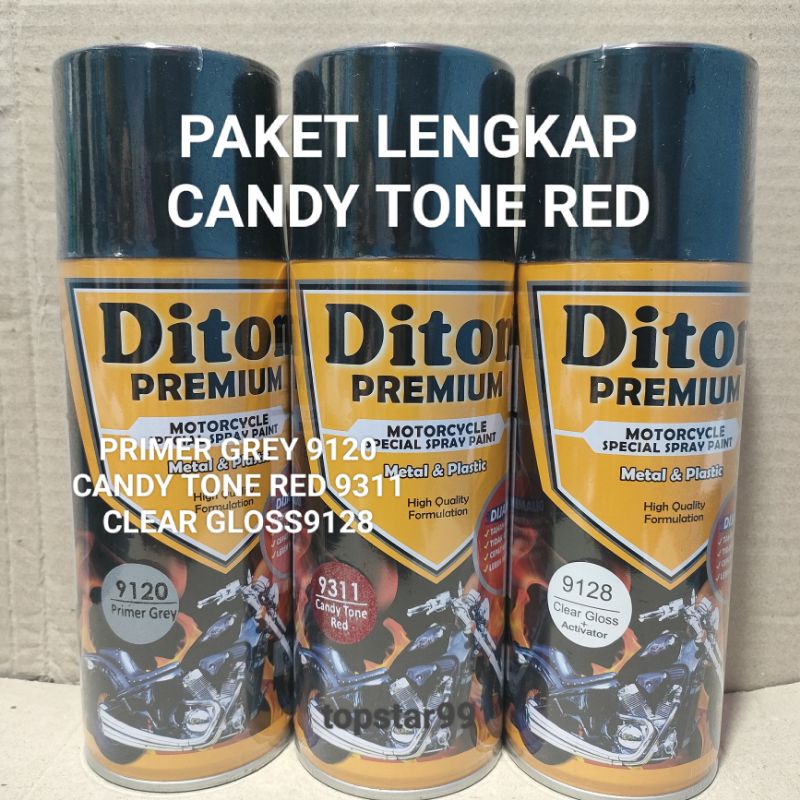 Pilok Cat Diton Premium Paket Lengkap 3 kaleng Candy Red Candi Tone Merah 9311 Primer Grey Epoxy 9120 Clear Gloss 9128 400cc Pilok Paketan Cat Semprot Special Spray Paint