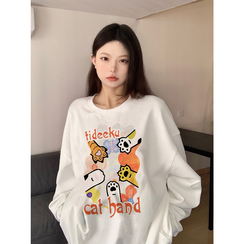 EUNII Sweater Lengan Panjang Cute Cat Paw Korean Style/Hoodie Oversize/Baju Wanita/Switer Wanita