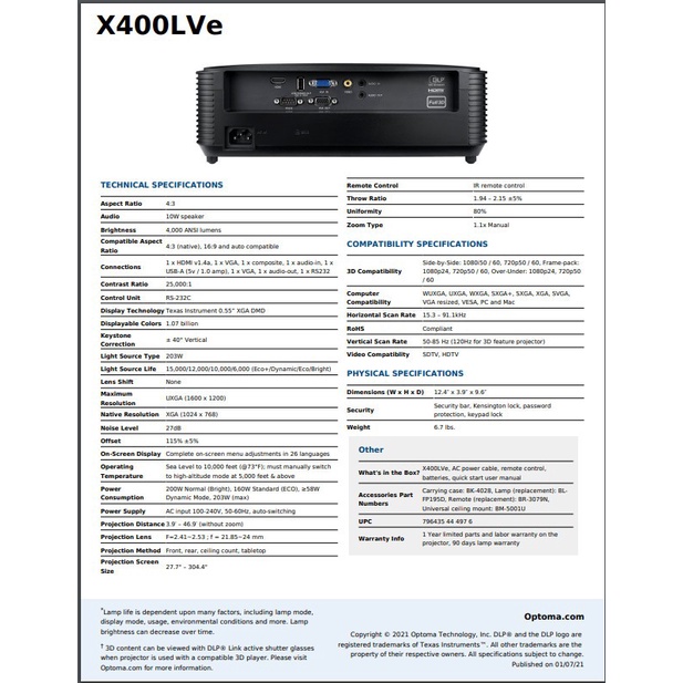 Projector Optoma X400LVe DLP XGA True 4000 Ansi Lumens