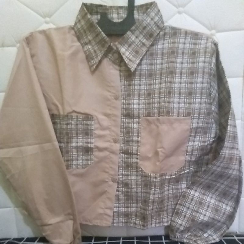 Ready Kemeja Wanita long sleve kombinasi polos dan kotak-kotak warna krem
