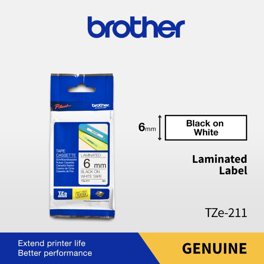 

Brother Color Tape TZE-211 6mm Laminated Black On White