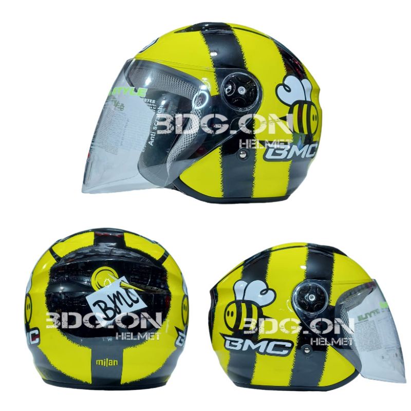 Helm BMC MILAN Motif LEBAH FLUFFY BEE Yellow Black Gloss Helm Half Face Dewasa