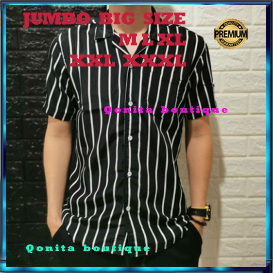 Kemeja Salur Pria Stripe Lengan Pendek Cowok Baju Belang Strip Garis-Garis JUMBO XXL BIG SIZE