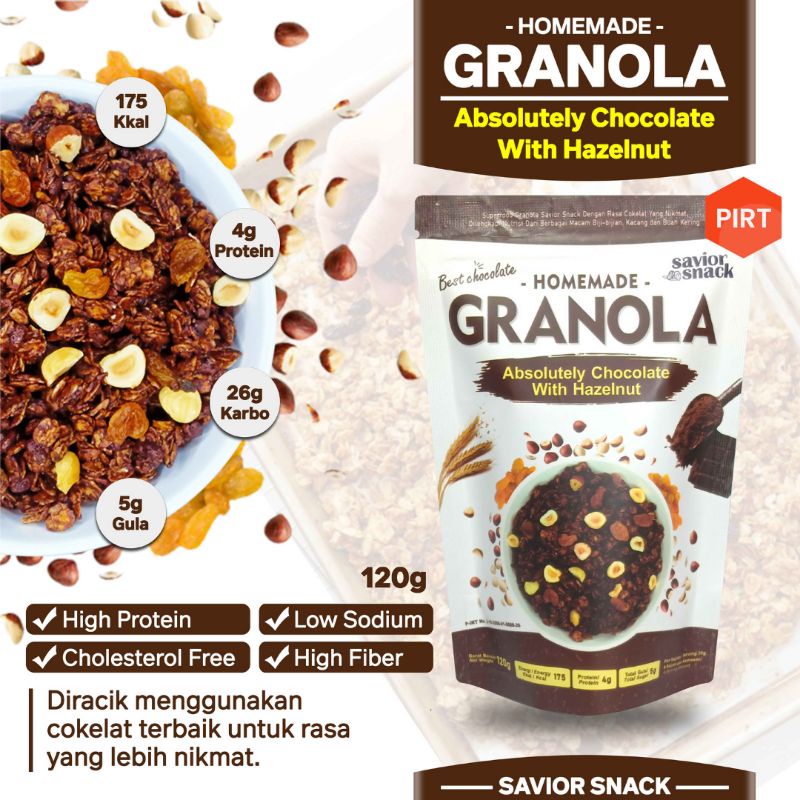 GRANOLA COKELAT 120g – SEREAL SEHAT SARAPAN PRAKTIS MAKANAN DIET MURAH BERGIZI TINGGI NUTRISI HIGH QUALITY - SAVIOR SNACK - GRANOLA CRUNCHY ABSOLUTELY CHOCOLATE WITH HAZELNUT