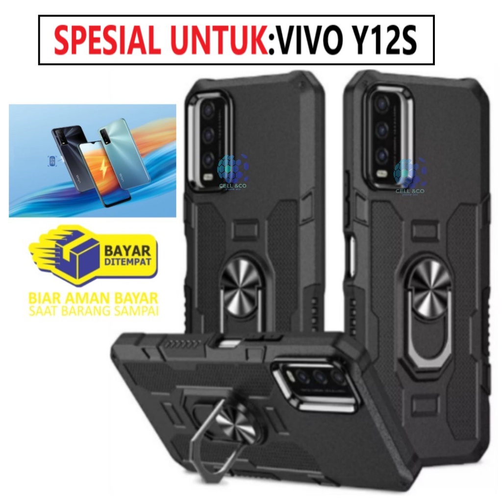 Case Armour VIVO Y12S Iring Cincin Magnetic Kesing Hp Protect kamera Premium Hard Case Standing Robot Pelindung Kamera