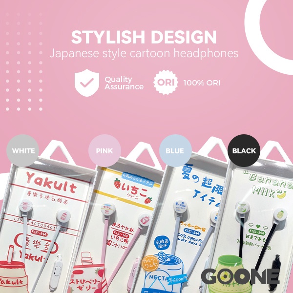 GOONE Earphone Gambar Lucu Ear Earbuds Headset Awet Headset Universal iOS Android Gambar Kartin Yakult Susu YoghurtWarna Pink Merah Biru Hitam