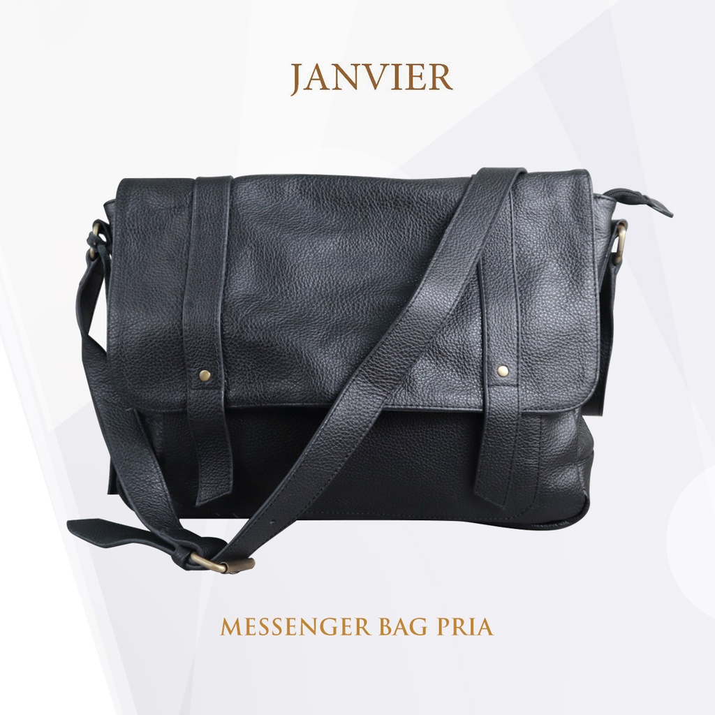 Tas Selempang Pria/Sling Bag Messenger Bag Pria Janvier Kulit Asli - Hitam Kulit Jeruk