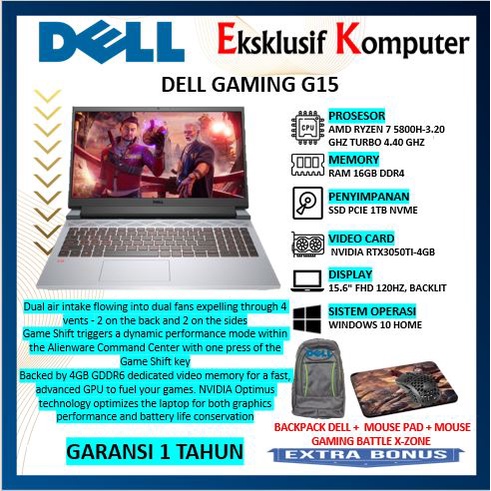 LAPTOP DELL GAMING G15 AMD RYZEN 7 5800H RAM16GB SSD1TB RTX3050TI 120HZ PHANTOM GREY