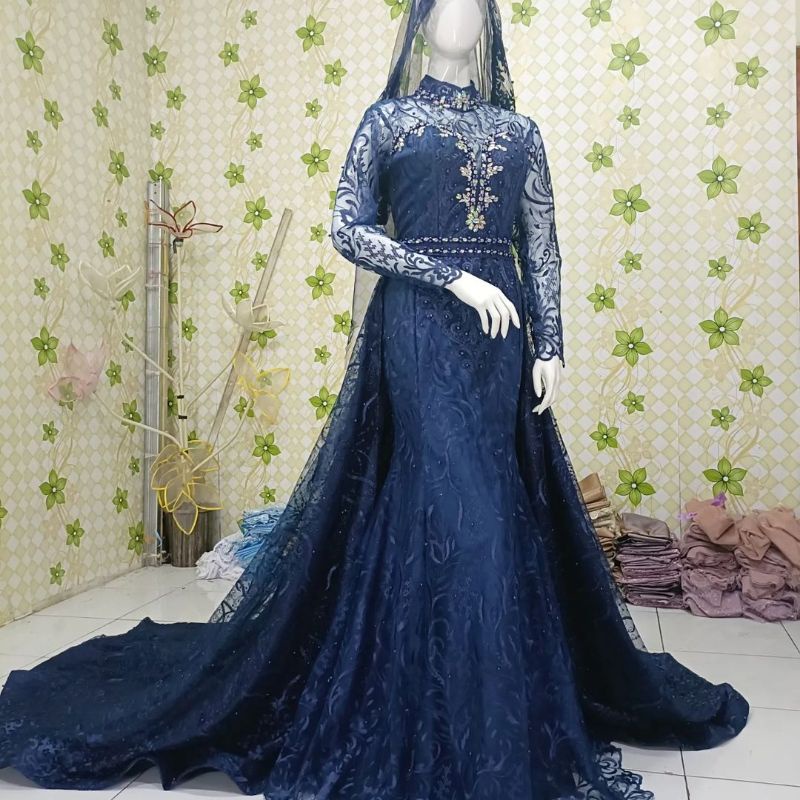 gaun pengantin murah model slim warna navy lengkap slayer