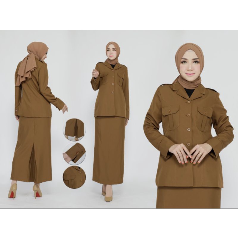 SETELAN PEMDA PNS KHAKY COKLAT. KANTONG 2 ATAS FREE HIJAB  ROK SPAN. BAHAN KATUN BLAZER