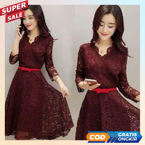 Dress Pesta Kondangan Gahun Seksi Cwe Cantik Pakaian Kasual Cewe Korea Guano Santai Bju Midi Deess U