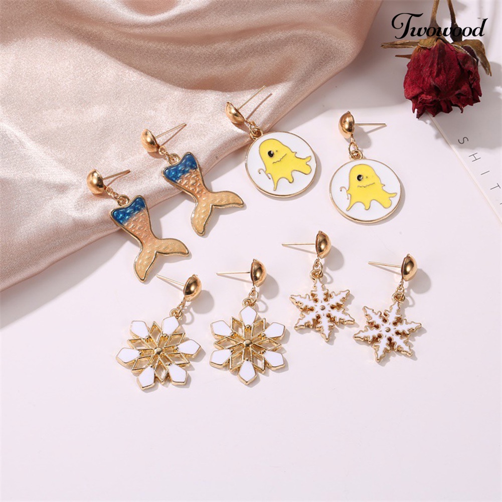 Anting Stud Liontin Pohon Natal Snowflake Labu Untuk Wanita