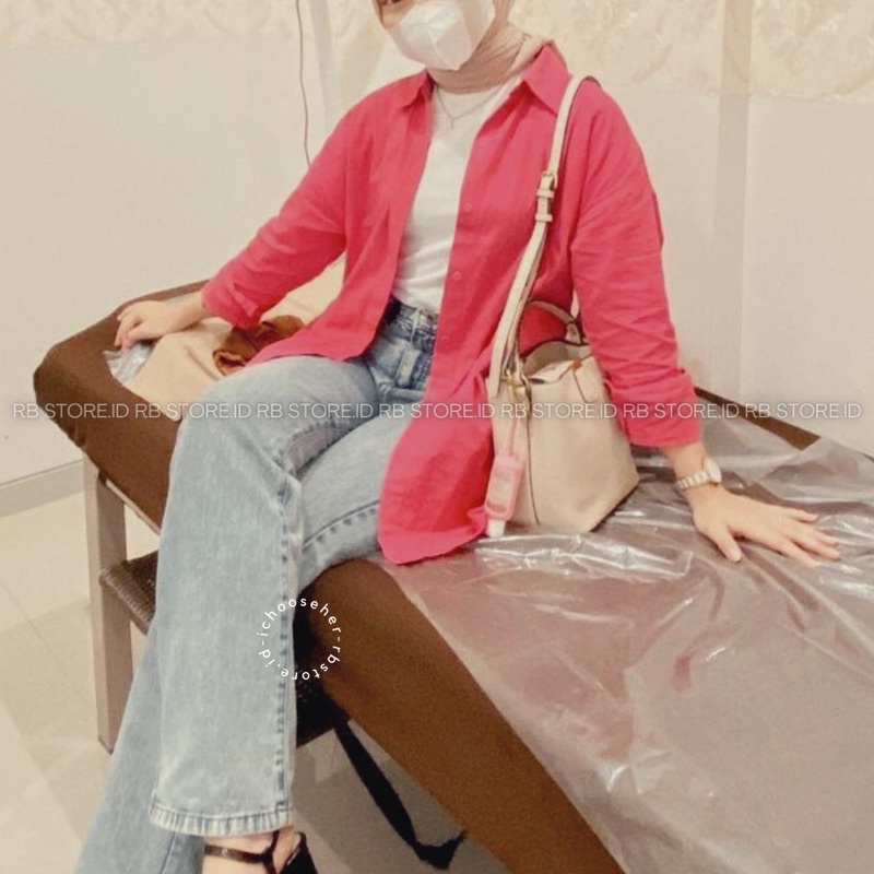 Kemeja Wanita Linen Oversize Olivia Shirt Linen Pocket-OLIVIA BUBBLE GUM