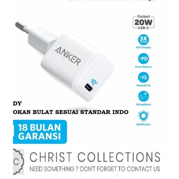 ANKER KEPALA CHARGER 20W FAST CHARGING PORT TYPE C 12 & ANDROID - PUTIH-20WATT