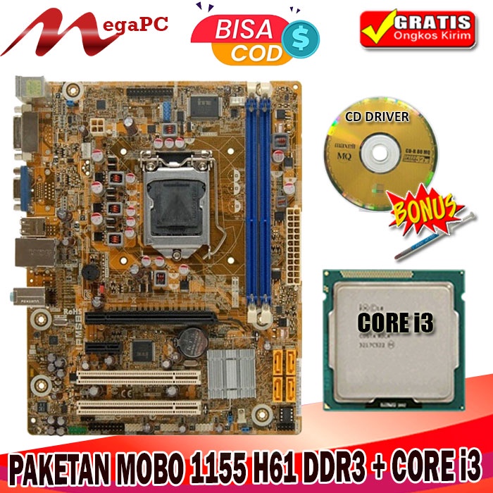 Promo Mainboard Lga 1155 H61 DDR3 Oem + Core i3 3220 Free Pasta Suntik