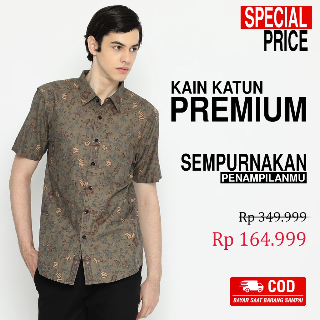 KEMEJA BATIK PRIA Lengan Pendek Slimfit Premium Motif Jam Warna Hijau Abu 725772 Cap 72 - Baju Kemeja Atasan Pakaian Setelan Batik Pria Cowok Laki Laki Remaja Keluarga Kantor Lengan Pendek Modern Slimfit Slim Fit Premium Kekinian