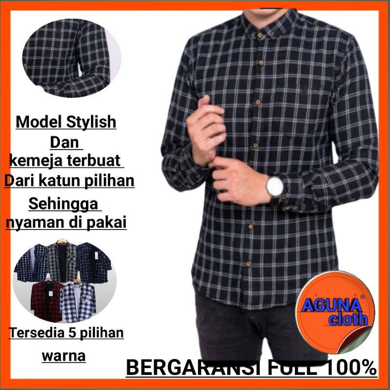 Kemeja pria flanel lengan panjang bahan katun warna kotak catur hitam putih merah abu garis