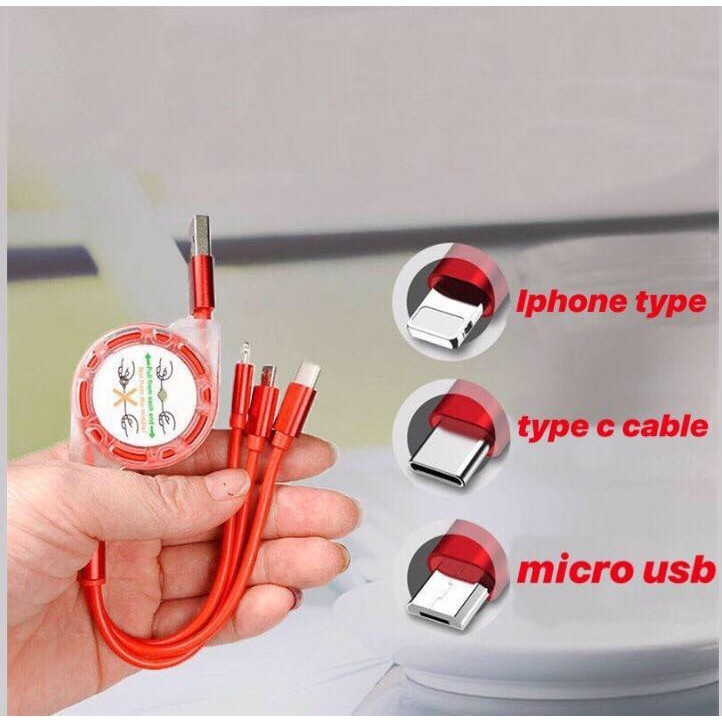 Kabel Charger 3in1 Retractable Micro USB + Lightning + USB Type C Kabel Charger Fast Charger Bisa Untuk Semua Hp