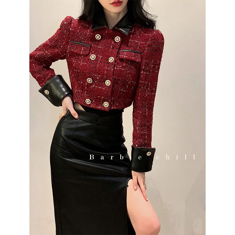 Red Jas Natal high-end Xiaoxiang mantel pendek wanita musim gugur 2022 baru slim fit dan tipis stand-up collar all-match top