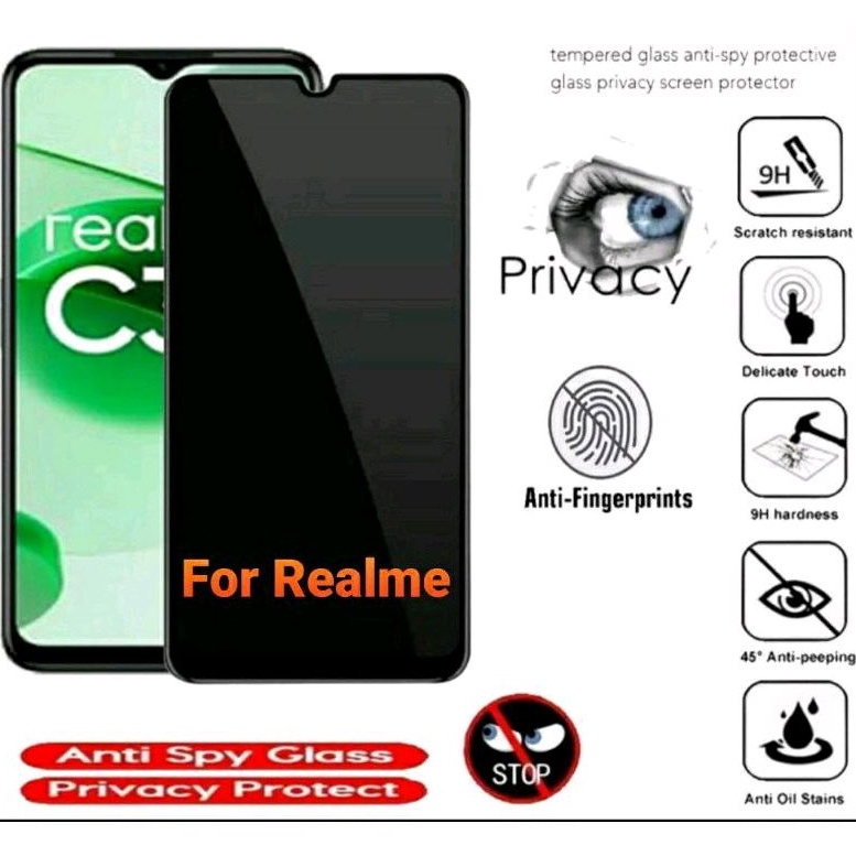 Tempered Glass KACA Privasi Anti SPY For Realme  C2 5 5i 5s C3 C11 C12 C15 C20 C21 C21Y C25 C25Y C30 C31 C33 C35   Full Layar Screen Protector