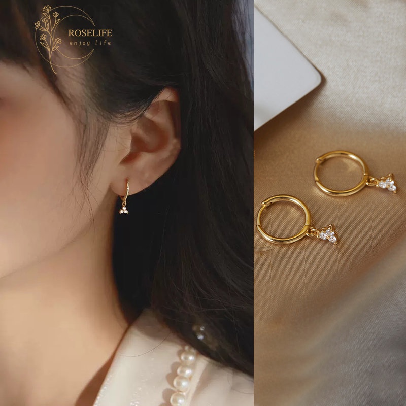 Roselife 1 Pasang Anting Tusuk Wanita Lapis Emas 14K Desain Geometri Clover Hias Zircon 8mm