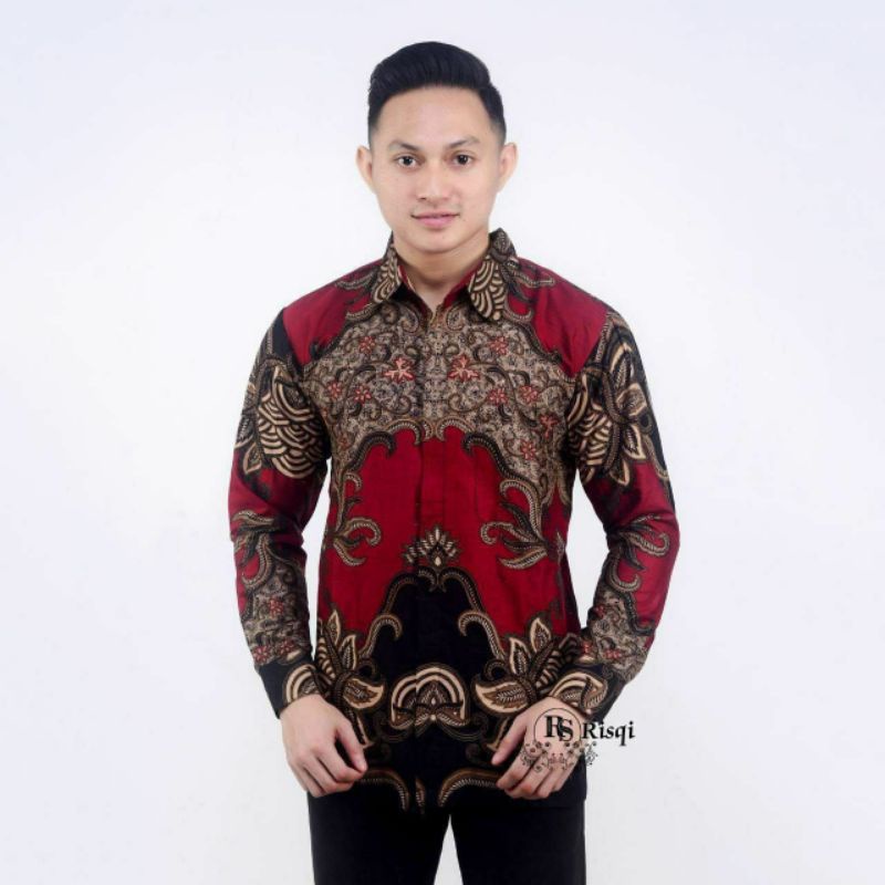 gajah Mada merah maron kemeja batik pria lengan panjang kulakan reguler full katun M.l.xl.xxl