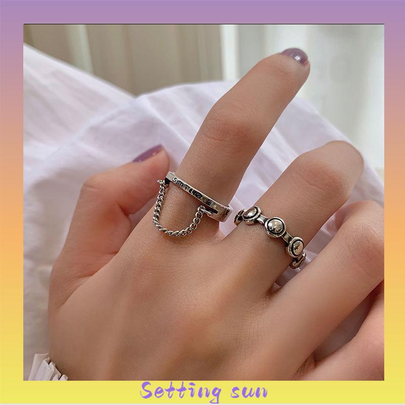 7Pcs/Set Perhiasan Cincin Rantai Cinta Fashion Korea Vintage Adjustable Gaya Untuk Wanita TN