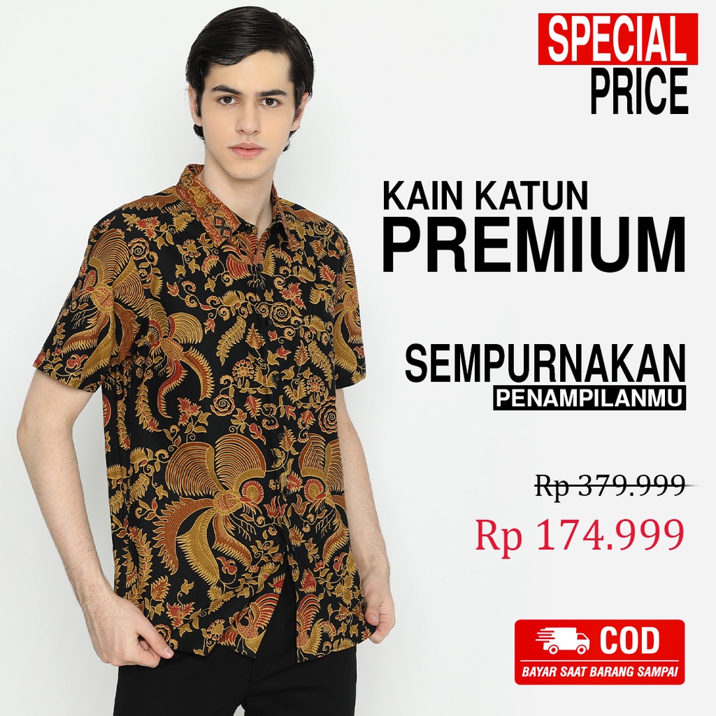 KEMEJA BATIK PRIA Lengan Pendek Premium Motif Burung Warna Hitam Coklat 725453 Cap 72 - Baju Kemeja Atasan Pakaian Setelan Batik Pria Cowok Laki Laki Remaja Keluarga Kantor Lengan Pendek Modern Slimfit Slim Fit Premium Kekinian