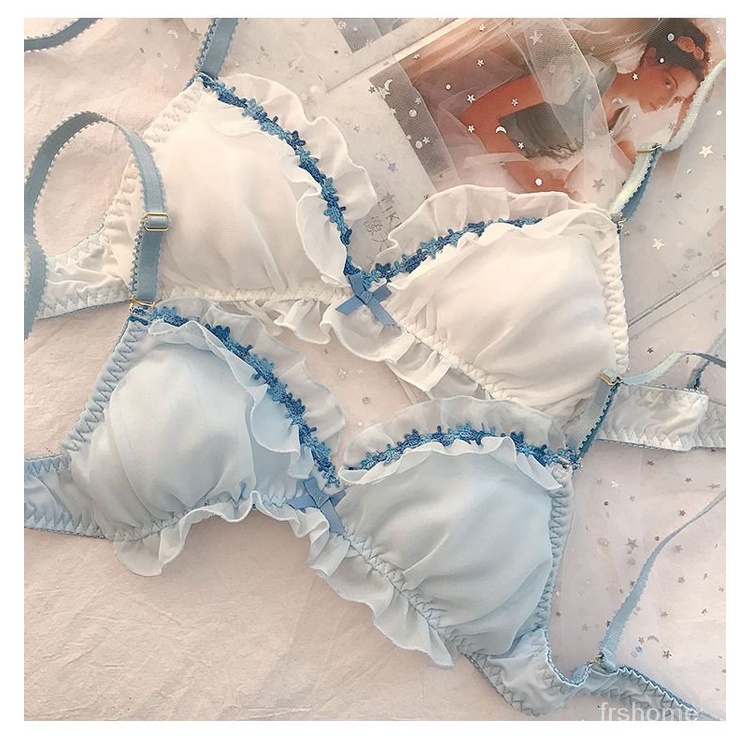 Bra cincin non-baja gadis Jepang baru set pakaian dalam sifon mesh set silky mesh bordir bra kecil