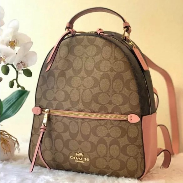 Backpack Coach Jordyn Zip in Khaki Blocked Signature Canvas With Pink