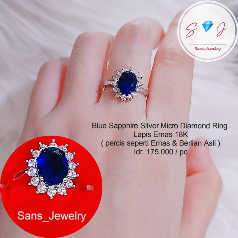 { BLUE SAPPHIRE MICRO DIAMOND RING } CINCIN REPLIKA BERLIAN EROPA CINCIN MATA BIRU CINCIN SILVER PER