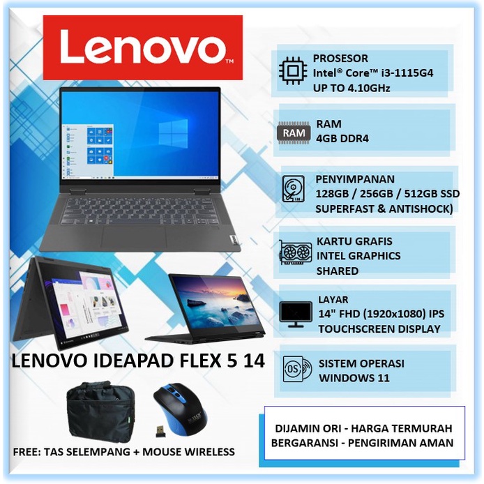 Laptop Touchscreen LENOVO IDEAPAD FLEX 5 14 INTEL CORE I3 GEN 11 Ram 4GB SSD 128GB 256GB 512GB 14" F