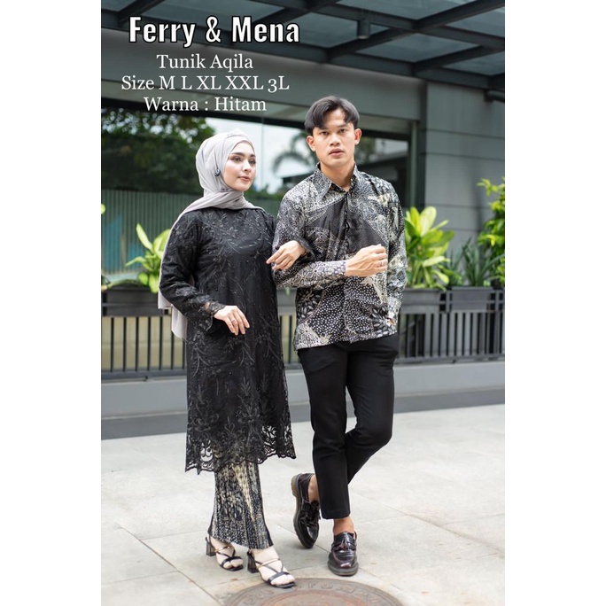 Baju Couple Pasangan set Kebaya Tunik Tulle HITAM MOCCA batik pria Wisuda modern tunangan bali coupl