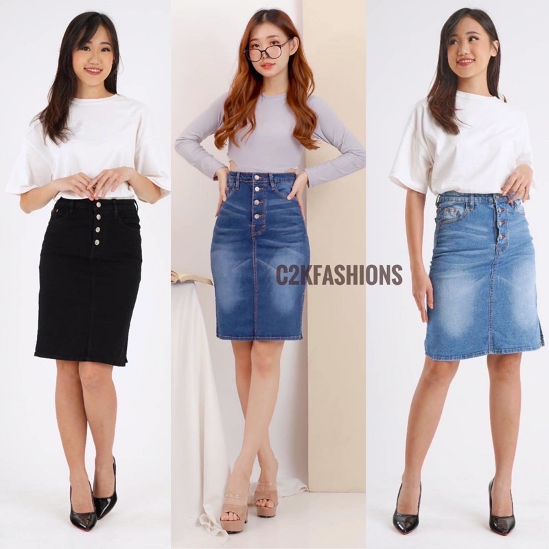Rok Span Jeans Kancing / Rok Jeans Kancing Deret / Rok Jeans Belah Samping / Rok Span Jeans 3/4