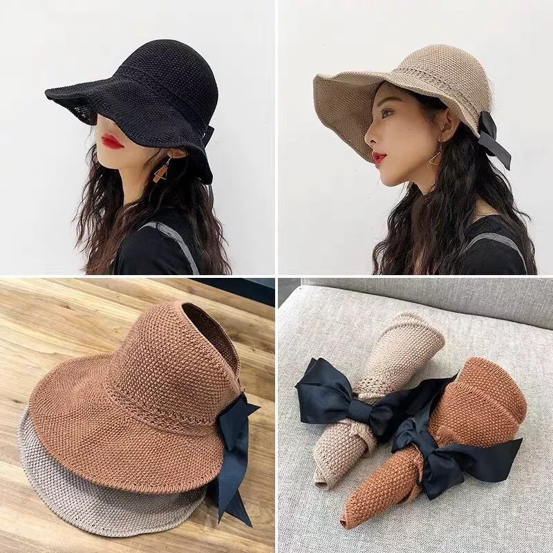 Topi Pantai Rajut Pita Korea Fashion Topi Wanita Bisa Dilipat Topi Rajut Sun Visor Hat - BM01