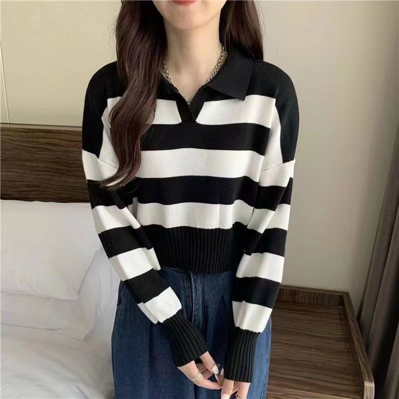 YIU YIU Rajut - Kaos Wanita Jumbo Rajut Lengan Panjang Stripe Casual Top