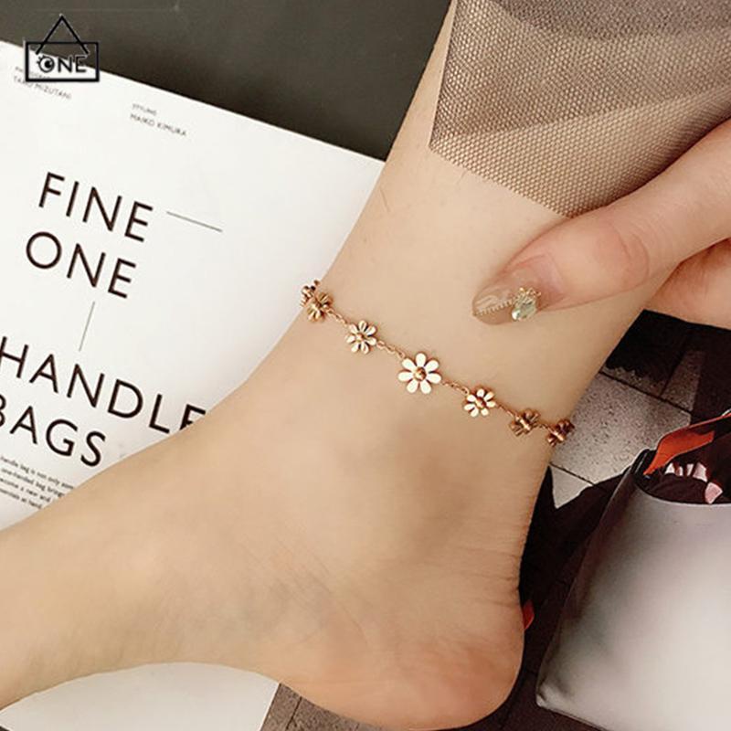 COD❤️Gelang Kaki Titanium Anti Karat Daisy Bunga Kamelia Emas 18k Perhiasan Wanita Korea-A.one