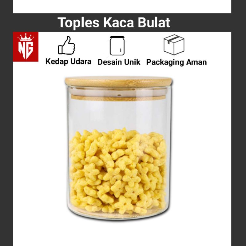 Toples Bulat Kaca Unik Tutup Kayu Cantik Aesthetic Tempat Penyimpanan Makanan Serbaguna Kotak Kue Ke