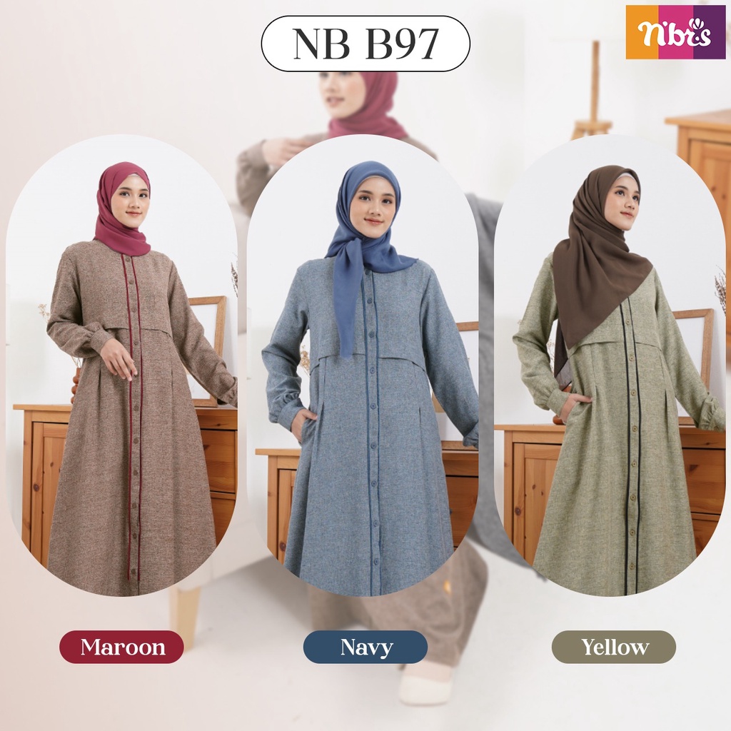Nibras NB B97 Baju Gamis Wanita Dewasa Busui Friendly Bahan Material Celio Warna Maroon, Navy Dan Yellow/Dress Simpel Dan Elegan.