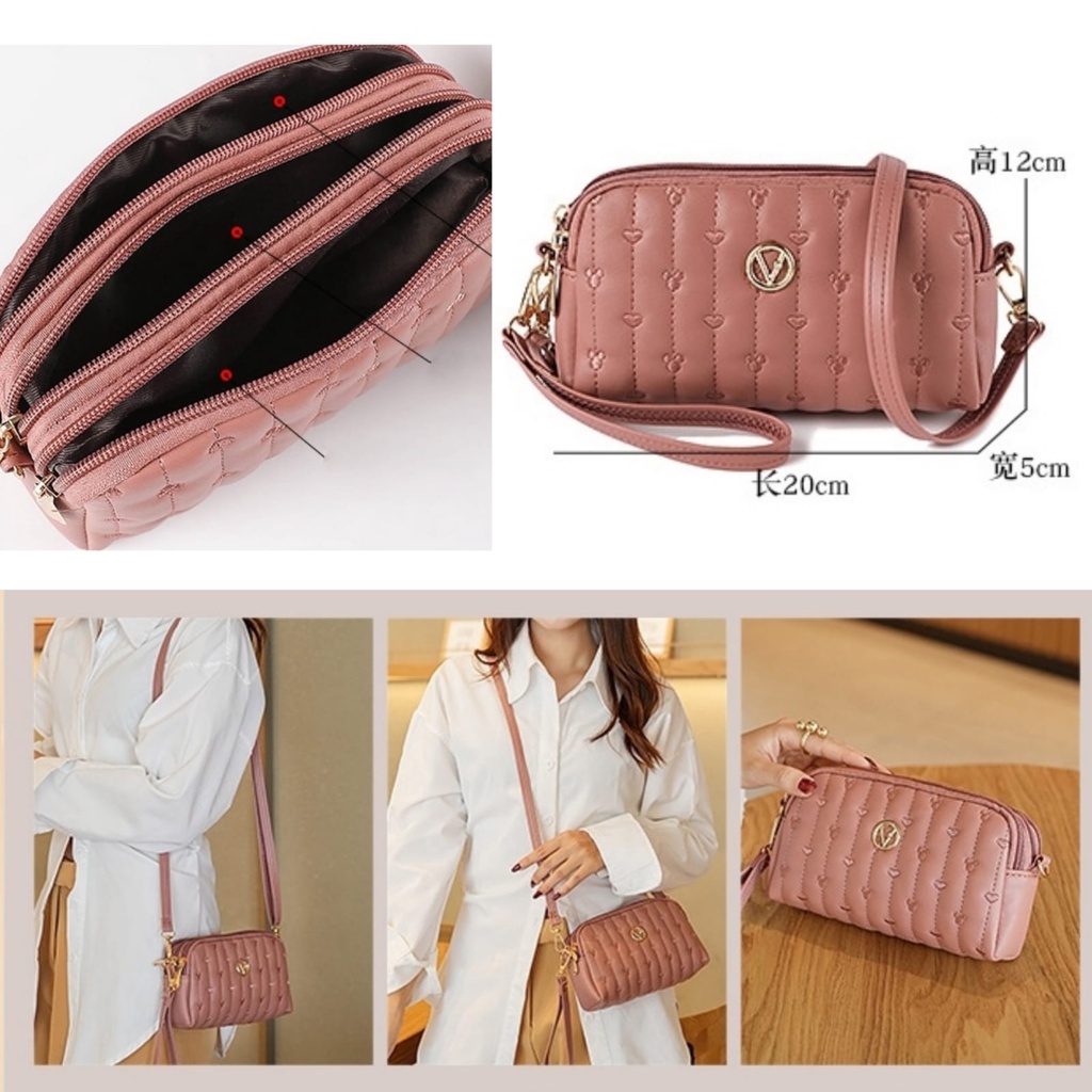 TAS SELEMPANG WANITA PESTA PREMIUM 3 KEKINIAN RESLETING KULIT PINK EBERSA IMPORT FASHION SLING BAG KOREA TA688P3 REMAJA MURAH CEWEK BATAM BRANDED SIMPLE LUCU