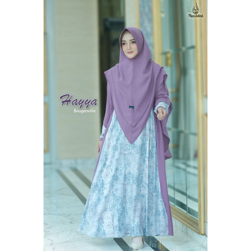 SET GAMIS HAYYA BOUGENVILE SERIES ORIGINAL BY MECCADINA DRESS BAJU BUSANA MUSLIM WANITA MOTIF WARNA 