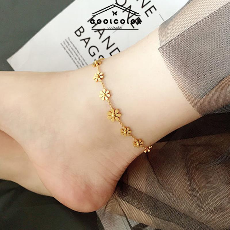 COD❤️Gelang Kaki Titanium Anti Karat Daisy Bunga Kamelia Emas 18k Perhiasan Wanita Korea Unisex 2022 terbaru fashion murah COD