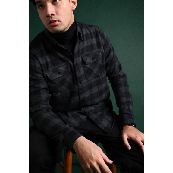 KEMEJA PREPP STUDIO ULTIMATE DOUBLE POCKET FLANNEL BLACK GREY - S
