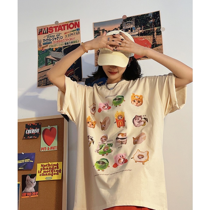 EUNII T-shirt Lengan Pendek Cute Cat Life Korean Style/Kaos Atasan Wanita/Baju Kaus Oversize Wanita