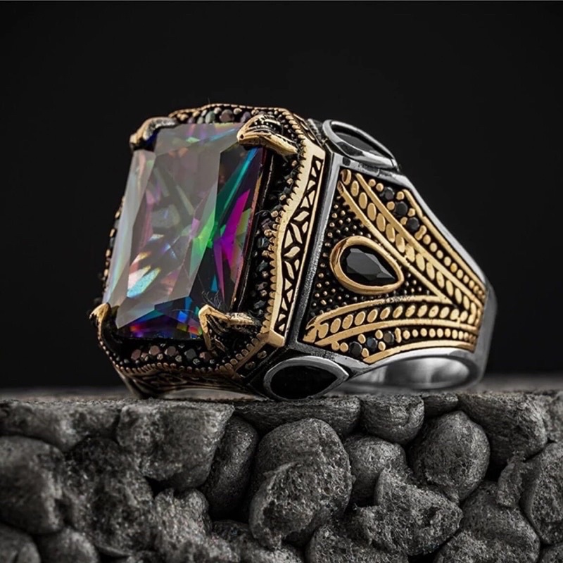 Cincin Pria Batu Mystic Rainbow Mistik Quartz Ring Gaya Turki