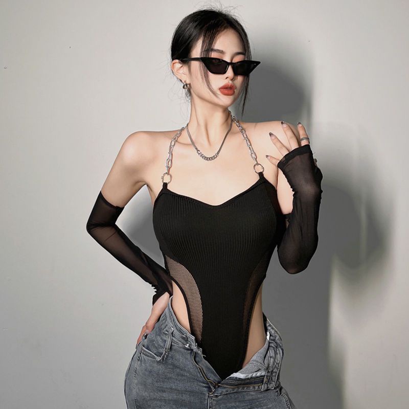 Red Rapcopter Eropa dan Amerika Sexy Mesh Chain Sling Bodysuit Wanita + Lengan Knit Slim Hot Girl Top Trendy